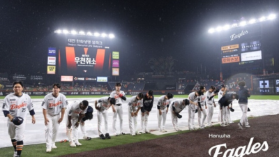 [단독] 비에 씻겨 나간 강백호 ‘20호 홈런-80타점’…한화, 7-0 리드 속 86분 대기 끝 ‘우천 노게임’